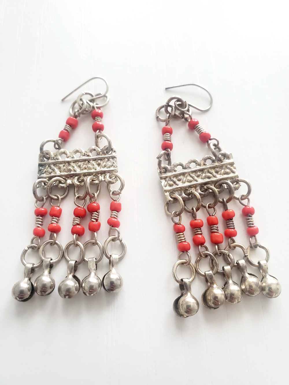 Silver-Tone Red Beaded Chandelier Earrings
